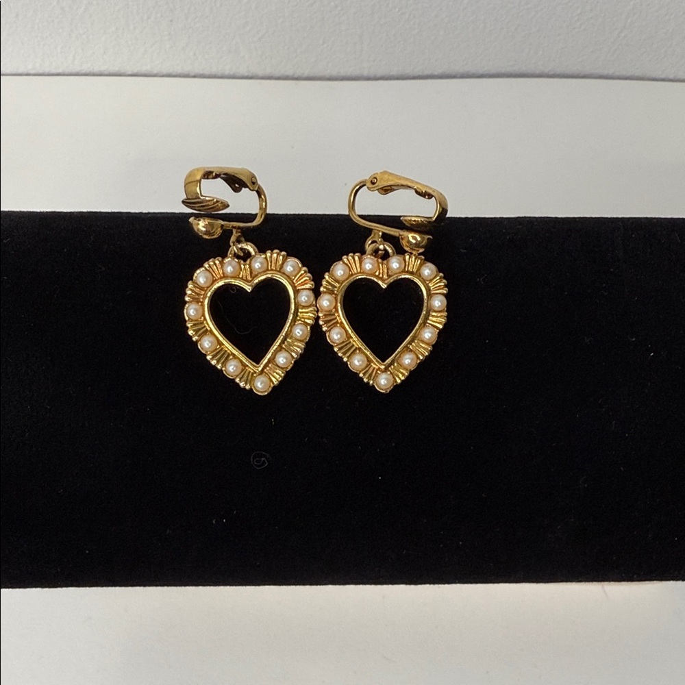 Avon Gold Toned Heart-Shaped Clip On Earrings with Pearl Accents
